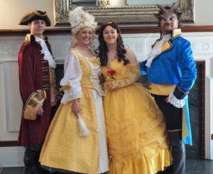 Gaston, lady, Belle, Beast at grant Humphrey's fireplace